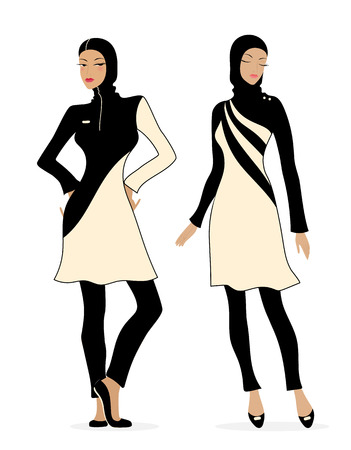 Two girls in swimsuits Islamic burkini. Illustration of Muslim fashion.のイラスト素材