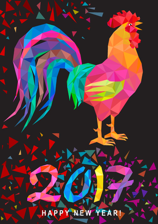 Low poly colorful rooster on black backdrop. Lettering 2017 on abstract background. Chinese horoscope symbol. Happy new year.のイラスト素材