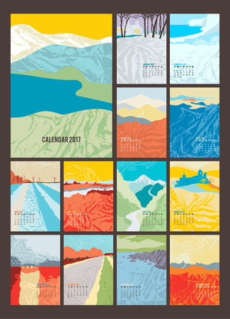 Desk Calendar for 2017 Year. Set of 12 Months calendar pages and cover. Abstract landscapes in art deco style.のイラスト素材