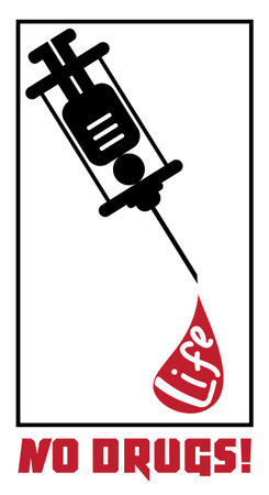 Icon syringe with a man inside. Lettering life in the blood drop. Inspiration No Drugs. Healthy lifestyle concept.のイラスト素材