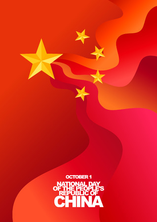 Vector greeting card for National Day of the People's Republic of China, October 1. Red flag and gold stars.のイラスト素材