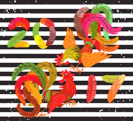 Two bright colorful rooster fighting. Lettering 2017 made of feathers. Drawing Chinese symbol of the New Year. Decorative abstract cocks. Striped background.のイラスト素材