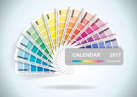 Color guide calendar 2017. Colorful charts samples. Rainbow paper hand fan. Vector illustration.のイラスト素材