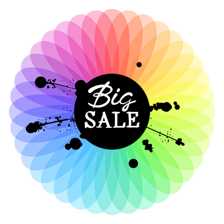 Big Sale handwritten Inscription and black ink splatter on colorful spectrum background. Lettering for sale tag, special offer banner, label.のイラスト素材