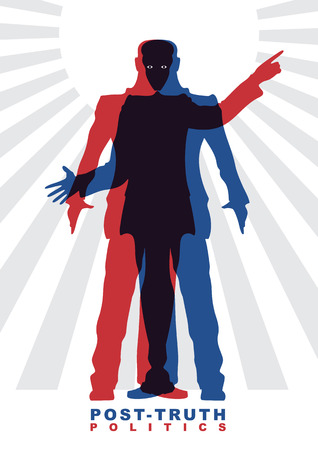 Vector illustration of Post-truth politics. Two male silhouettes in suits, who constitute the other silhouettes. Concept of social theme.のイラスト素材