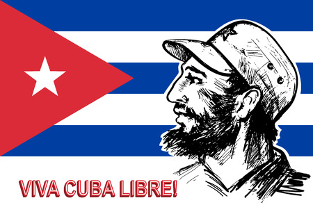Portrait of Fidel Castro on Cuban flag backdrop. Viva Cuba libre! Long live the free Cuba! Spain language. Vintage style poster.のeditorial素材