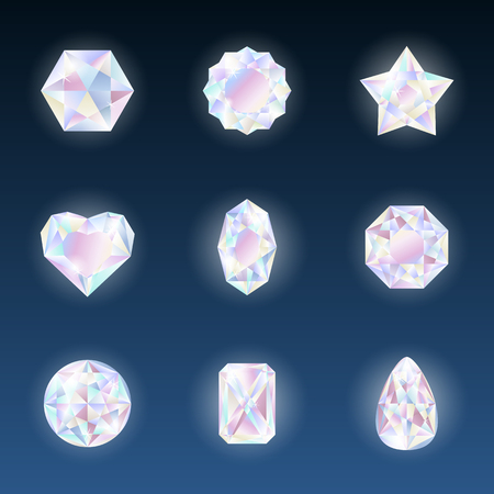 Set of colorful vector jewels gemstones and crystals with glowing on dark background.のイラスト素材