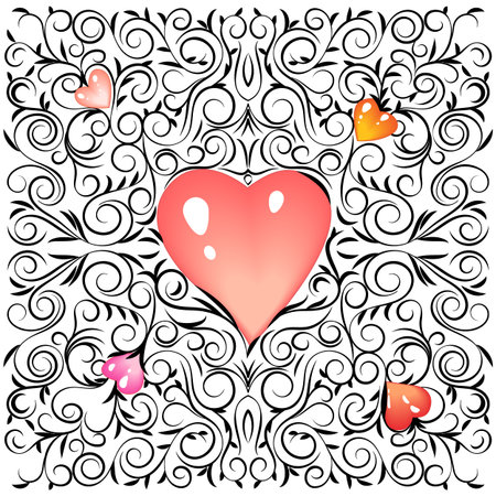 Doodle sketch ornament Valentines Day with soft pink blurred hearts. Vector illustrationのイラスト素材