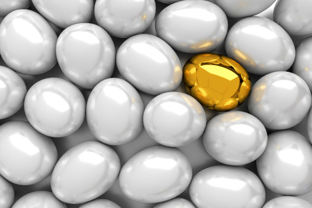 Close-Up golden and white easter eggs. Illustration for holiday. 3d render.の写真素材