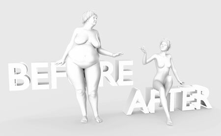 Fat lady and slim diet women. Unhealthy and healthy lifestyle people isolated on light grey background. Lettering Before and After. Mock up template for medicine illustration. White 3d plaster image.の写真素材