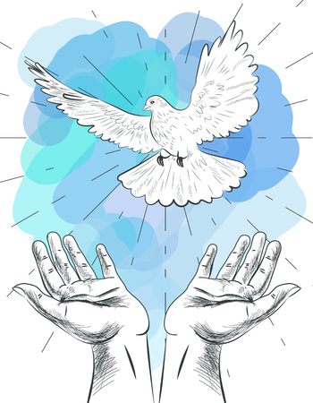 Sketch of hands let go dove of the world. Symbol of peace. Illustration of freedom and world without war.のイラスト素材
