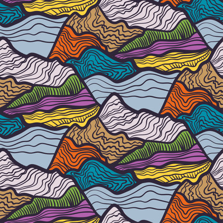 Seamless vector pattern of swirls of waves, peaks of mountains. Colorful hand drawn ornamentのイラスト素材