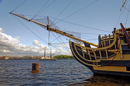 SAINT-PETERSBURG, RUSSIA - 23 JUNE 2017: View of the Neva river and the floating restaurant frigate Blagodat  and TRE KRONOR, swedish brig. Saint-Petersburg, Russia.のeditorial素材