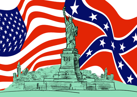 Statue of Liberty against the background of the flags of the United States and the Confederate Rebel. Hand drawn sketch. Vector EPS 10のイラスト素材