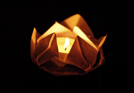Floating lotus flower on water. Festival paper lanterns at night. Close up and shallow depth of fieldの写真素材