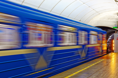 Background of motion blur of speed train in the subway. Underground vehicle dynamic motionの写真素材