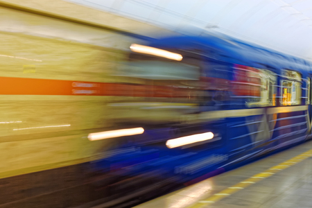Background of motion blur of speed train in the subway. Underground vehicle dynamic motionの写真素材