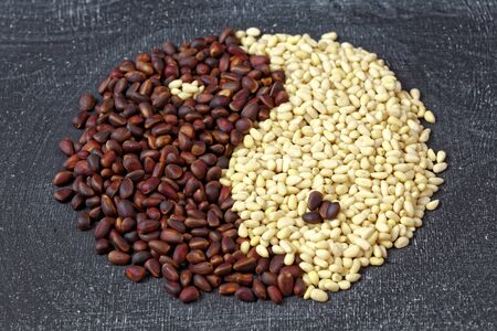 Close up pf cedar pine nuts and cones in the form of yin and yang on blackboard backgroundの写真素材