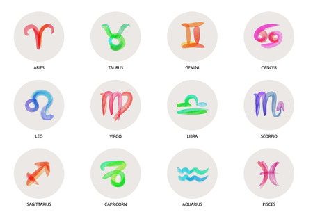 Set of hand drawn watercolor brush zodiac signs. Vector illustration created with custom brushes, not auto-tracing.のイラスト素材