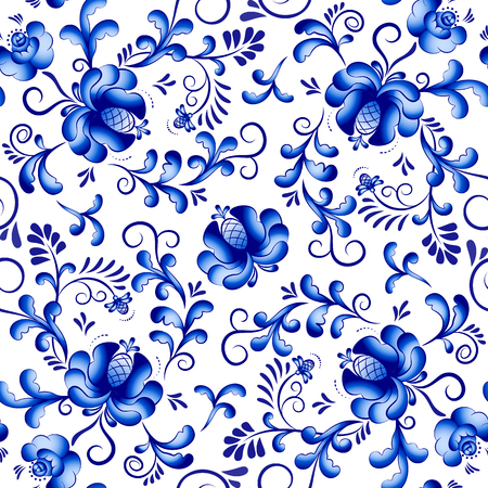 Seamless vector floral pattern background in the style of Gzhel. Traditional russian ornamentのイラスト素材