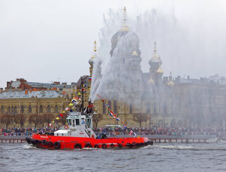 SAINT-PETERSBURG, RUSSIA - APRIL 29, 2018: Dancing tugboats on the Neva River. Marine festival of icebreakers in St. Petersburgのeditorial素材