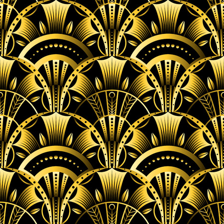 Antique vector seamless shell gold art deco pattern. Geometrical wavy background from golden fanのイラスト素材