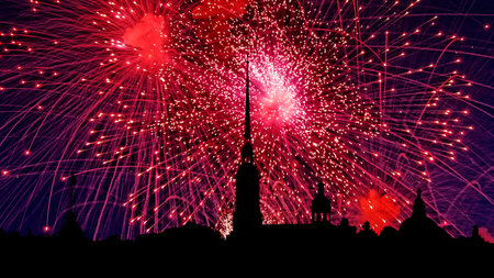 Illustration of colorful fireworks on Peter and Paul Fortress, Saint-Petersburg, Russia. Holiday...