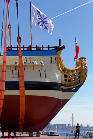SAINT-PETERSBURG, RUSSIA - 27 MAY 2018: Ceremony of launching a replica of the ancient Russian ship of Tsar Peter I Poltava in Historical Shipyard.のeditorial素材