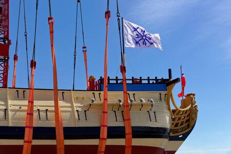 SAINT-PETERSBURG, RUSSIA - 27 MAY 2018: Ceremony of launching a replica of the ancient Russian ship of Tsar Peter I Poltava in Historical Shipyard.のeditorial素材