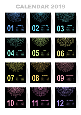 Calendar for 2019 year. Vintage decorative mandala elements. Week starts on sunday. Vintage style template for your designのイラスト素材