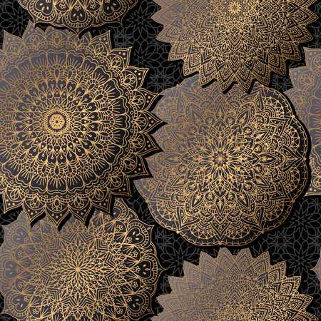Seamless background with ornament mandala in gold color. Round arabesque design patternの写真素材