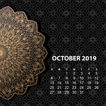 Calendar for 2019 year. Vintage decorative mandala elements n gold color. Week starts on sundayのイラスト素材