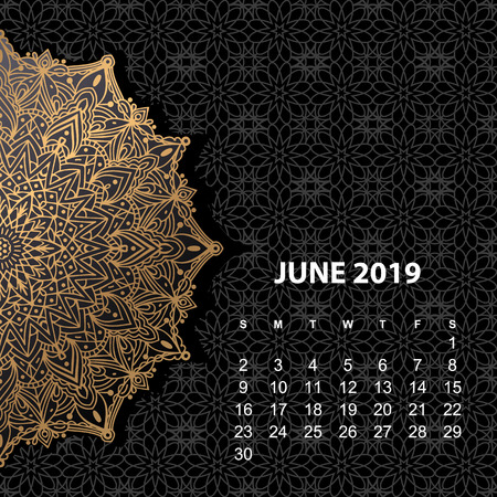 Calendar for 2019 year. Vintage decorative mandala elements n gold color. Week starts on sundayのイラスト素材