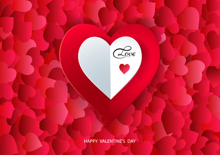 Valentine's day vector background with cut paper hearts and lettering Love. Beautiful festive backdrop.のイラスト素材