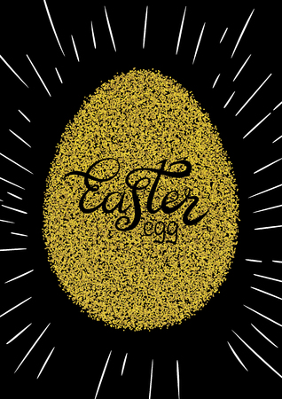 Easter lettering on silhouette on the gold glitter egg background. Vector illustration.のイラスト素材
