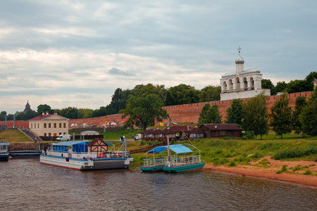 VELIKIY NOVGOROD, RUSSIA - JUNE 21, 2019: Old city walls and towers of Veliky Novgorod, Russia. Pier...
