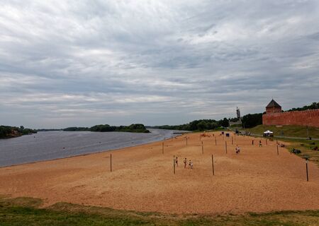 VELIKY NOVGOROD, RUSSIA - JUNE 21, 2019: Old town walls and towers of Veliky Novgorod, Russia. Beach on the Volkhov river.のeditorial素材