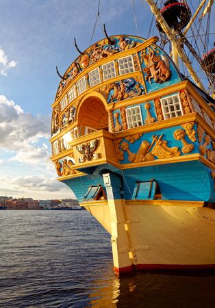 SAINT-PETERSBURG, RUSSIA - JULY 7, 2019: Replica of the russian old ship of Tsar Peter I Poltava on embankment of Neva river. Sankt-Peterburg, Russia.のeditorial素材