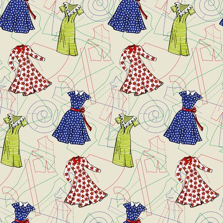 Seamless vector sewing pattern with paper patterns and sketches of vintage dresses.の写真素材