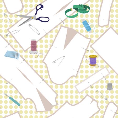 Seamless vector sewing pattern with paper patterns and sewing tools.の写真素材