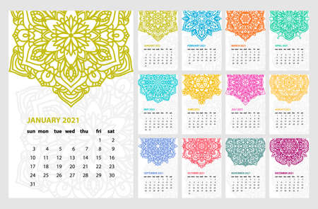 Calendar for 2021 year. Vintage decorative mandala elements. Week starts on sunday. Vintage style template for your design.のイラスト素材