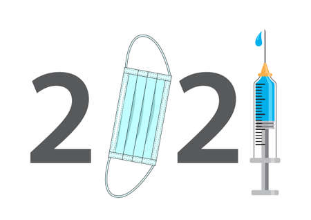 New Year 2021 poster coronavirus COVID-19 medical mask and syringe with the vaccine. Concept vector illustration without pandemic.のイラスト素材