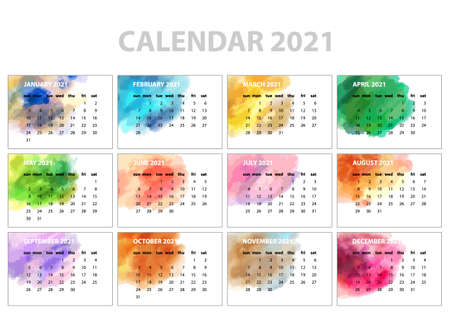 Watercolor calendar wall planner for the 2021 year. Colorful vector set. Template for your design.のイラスト素材