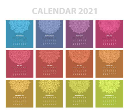 Calendar for 2021 year. Vintage decorative mandala elements. Week starts on sunday. Vintage style template for your design.のイラスト素材