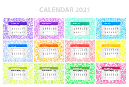 Calendar for 2021 year. Vintage decorative mandala elements. Week starts on sunday. Vintage style template for your designのイラスト素材