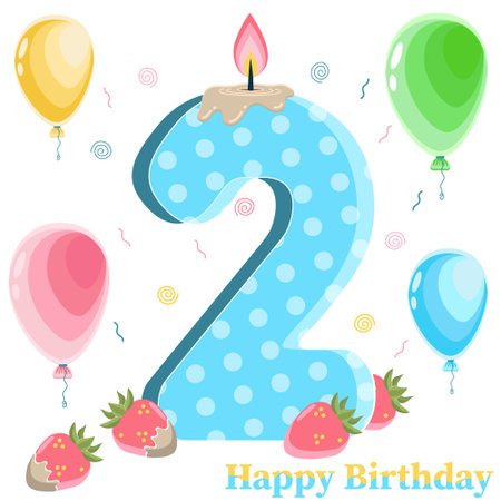Birthday Number two with Strawberries and Balloons, Vector illustrationのイラスト素材
