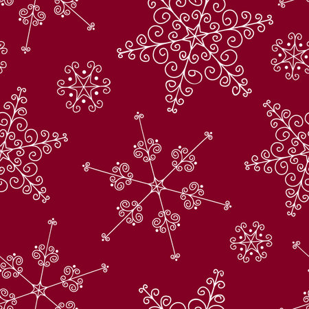 Seamless vector of whimsical, swirly white snowflakes that make a beautiful contrast on a deep red background, ideal for textiles, gift-wrapping, greeting & holiday cards & moreのイラスト素材
