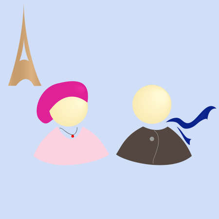 Girl and boy in Paris on a background of the Eiffel Tower vector illustrationのイラスト素材