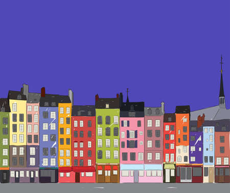Bright colorful city houses of Honfleur at night. Hand-drawn sketch. Flat design.のイラスト素材