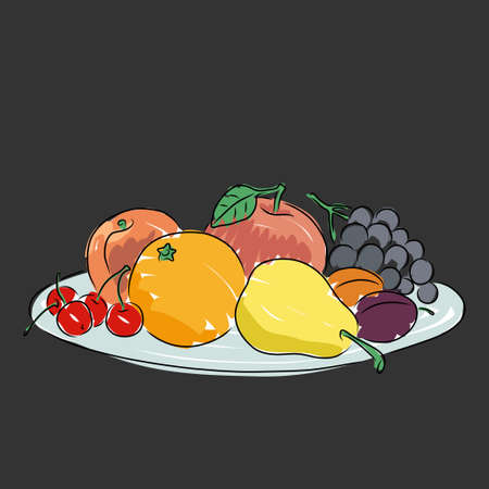 A plate with summer fruit isolated on a dark background. sketch. Art illustration for design of shop window.のイラスト素材
